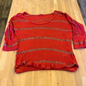Splendid xs slightly sheer scoop neck orange red w/ gray stripes sweater
